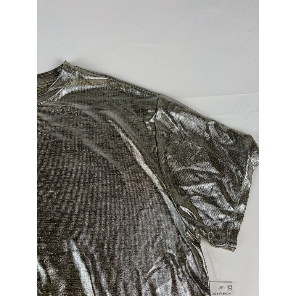 Bar III Metallic Silver Tunic Top PXL Short Sleeve Crew Neck Shiny Shimmer‎ - Picture 1 of 8